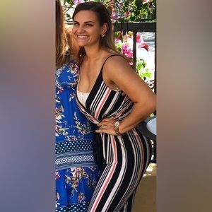 Pink and navy wide leg romper with belt